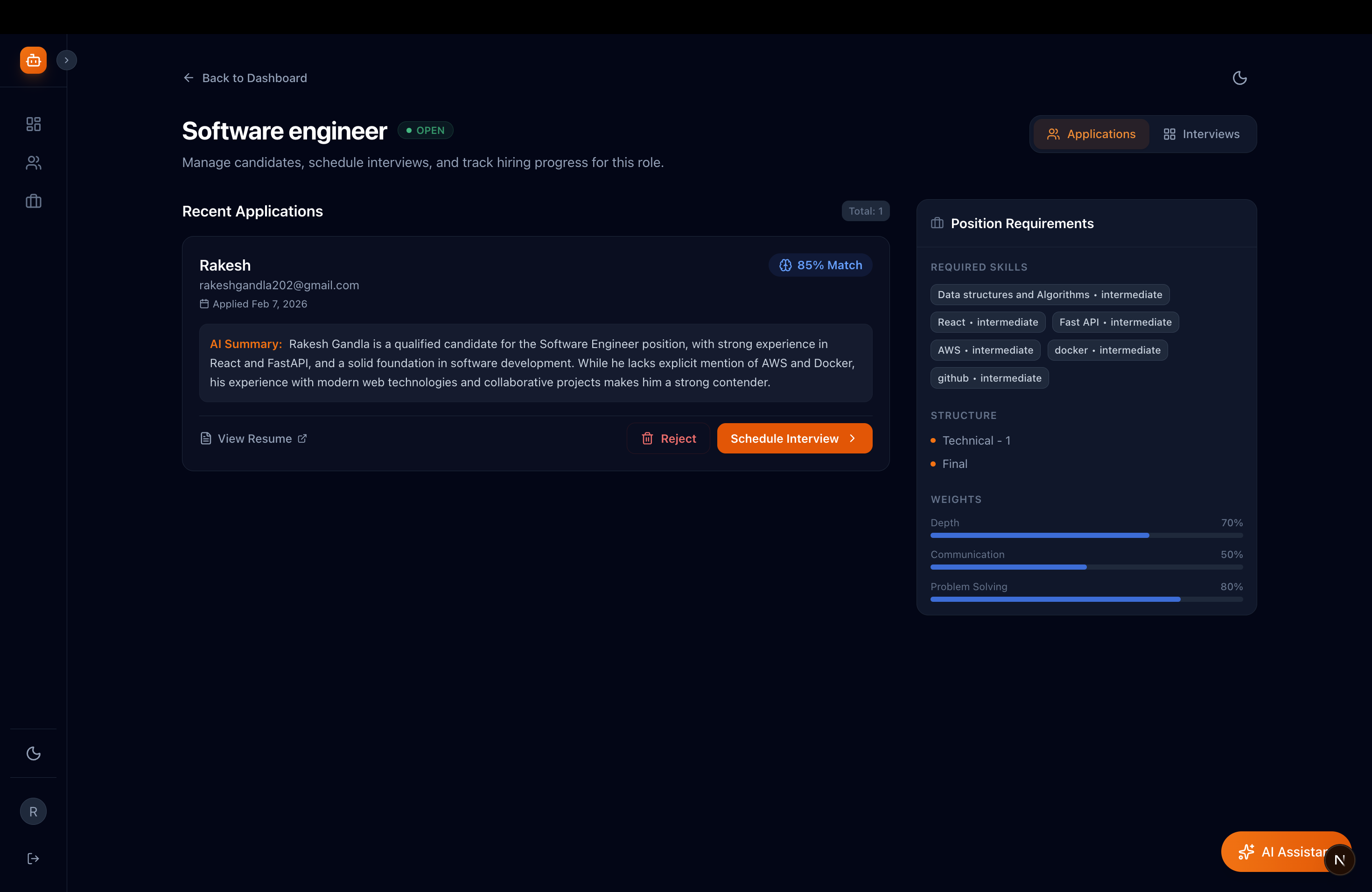 Job application with resume analysis